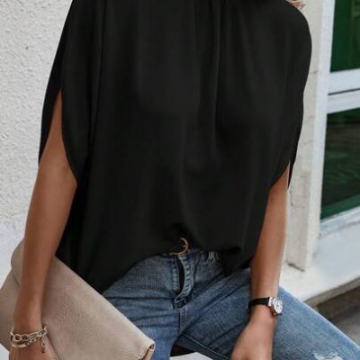 SHEIN Clasi Tie Back Batwing Sleeve Solid Blouse