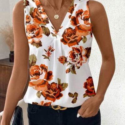 SHEIN Clasi Women’s Floral Print V-Neck Sleeveless Blouse With White Base And Orange Flowers