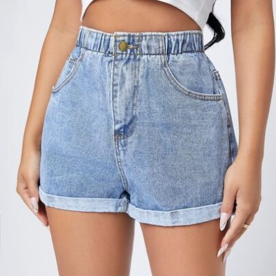 SHEIN Essnce High Waist Roll Hem Denim Shorts