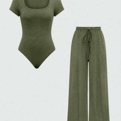 SHEIN Essnce Solid Color Jumpsuit And Wide Leg Pants 2pc Set