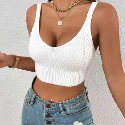 SHEIN Essnce Solid Crop Ribbed Knit Top