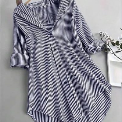 SHEIN Essnce Women’s Oversized Striped Casual Shirt, Short Front Long Back Design