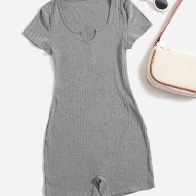 SHEIN EZwear Notched Neck Rib Knit Unitard Grey Romper