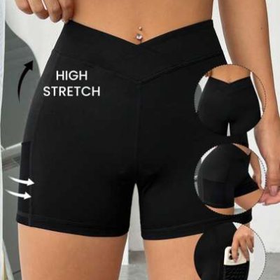 SHEIN EZwear Solid Asymmetrical Waistband Phone Pocket Side Biker Shorts