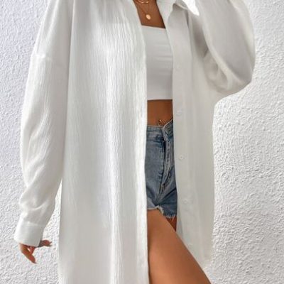 SHEIN EZwear Spring And Summer Shirts White Casual Drop Shoulder Button Front Beach Shirt
