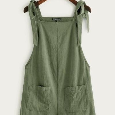 SHEIN EZwear Summer Casual And Loose St Patrick Day Knot Strap Pocket Patched Pinafore Green Short Romper