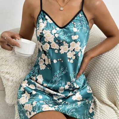 SHEIN Floral Print Contrast Binding Satin Cami Nightdress