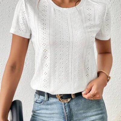 SHEIN Frenchy Solid Eyelet Embroidery Round Neck White Tee