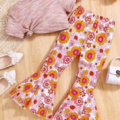 SHEIN Girls’ Casual & Elegant & Comfortable & Daily Wind Short Sleeve T-Shirt & Floral Flared Pants Two Piece Set For Summer Holiday