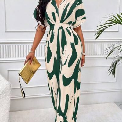 SHEIN Lady Allover Print Batwing Sleeve Shirt Jumpsuit