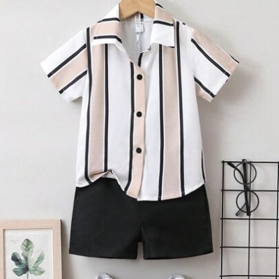 SHEIN Little Boys’ Color Block Short Sleeve Shirt And Shorts Set