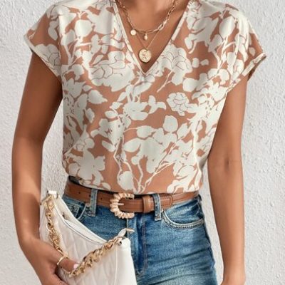 SHEIN LUNE All Over Floral Print V Neck Blouse