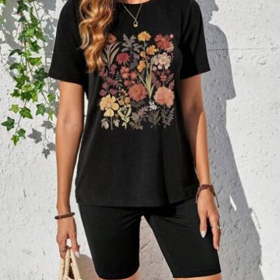 SHEIN LUNE Casual And Loose Fit Women’s Short-Sleeve T-Shirt And Shorts Set Featuring Floral Print, Perfect For Summer