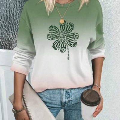 SHEIN LUNE Casual Simple Loose Fit Long Sleeve Clover Pattern Round Neck Top, Suitable For Summer And St. Patrick’s Day