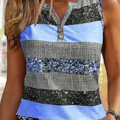 SHEIN LUNE Casual Sleeveless Tank Top With Contrast Color & Notched Collar Design, Random Printed Pattern, Summer