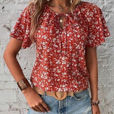 SHEIN LUNE Ditsy Floral Print Tie Neck Butterfly Sleeve Blouse