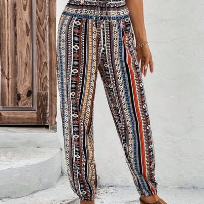 SHEIN LUNE Geo Print Tie Waist Pants