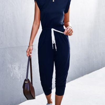 SHEIN LUNE Key Hole Back Fake Drawstring Waist Jumpsuit