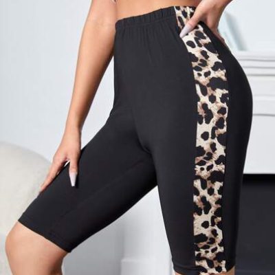 SHEIN LUNE Leopard Print Contrast Side Seam Biker Shorts