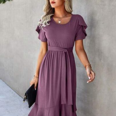 SHEIN LUNE Petal Sleeve Ruffle Trim Wrap Hem Belted Dress