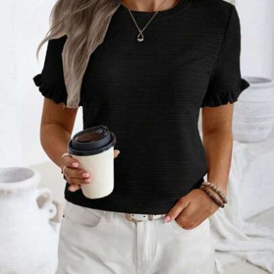 SHEIN LUNE Ruffle Trimmed Short Sleeve Basic T-Shirt