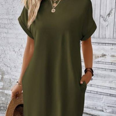 SHEIN LUNE Solid Batwing Sleeve Hidden Pocket Dress