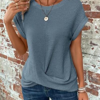 SHEIN LUNE Solid Batwing Sleeve Twist Hem Waffle Knit Tee