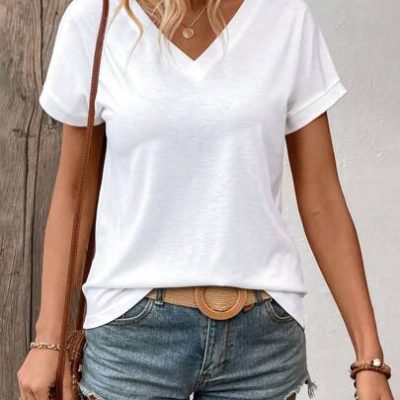 SHEIN LUNE Solid Color V-Neck Casual T-Shirt