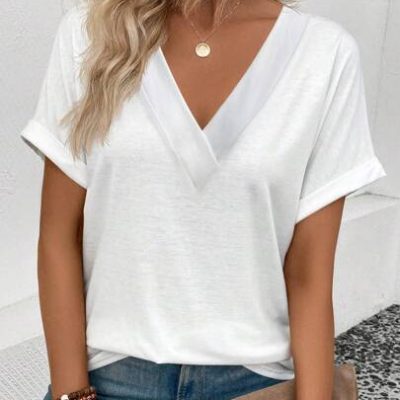 SHEIN LUNE Solid Color V-neck Short Sleeve T-shirt
