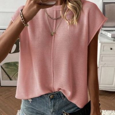 SHEIN LUNE Solid Round Neck Batwing Sleeve Sweater Vest