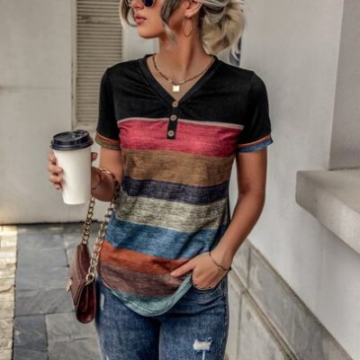 SHEIN LUNE Stripe Button Front V Neck Tee