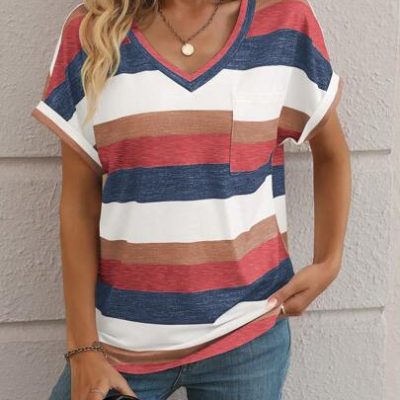 SHEIN LUNE Striped Print Pocket Patched Batwing Sleeve Tee