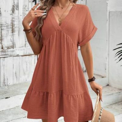 SHEIN LUNE Summer V-Neck Batwing Sleeve A-Line Dress With Ruffle Hem And Double Layer Gauze Back To Casual Vacation T-Shirt