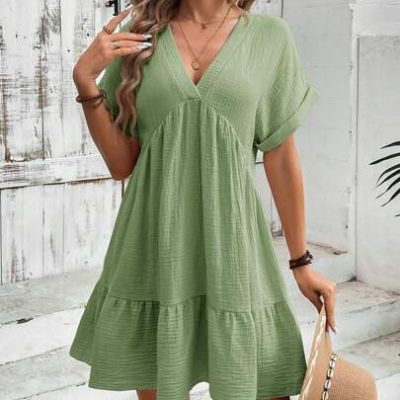 SHEIN LUNE Summer Women’s V-Neck Oversized Cap Sleeve Doll Dress With Ruffle Hem And Double Layered Crepe T-Shirt For Casual, Vacation