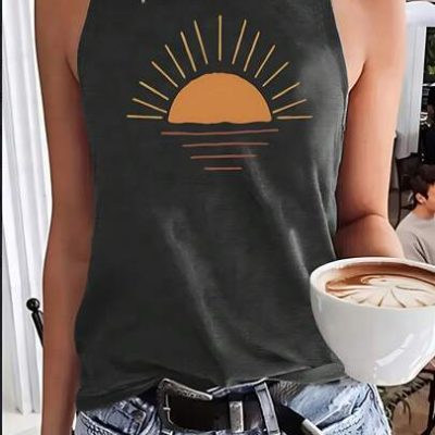 SHEIN LUNE Sunrise Easy Line Drawing Printed Casual Round Neck Tank Top
