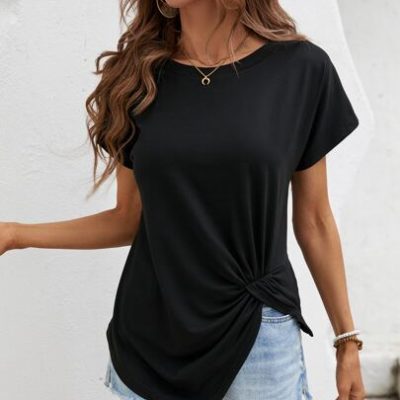 SHEIN LUNE Women’s Short Sleeve T-Shirt With Round Neck, Knot Detail, Split Hem For Summer Casual Look