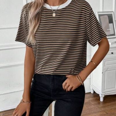 SHEIN LUNE Women’s Simple Casual Basic Striped T-Shirt With Contrast Collar