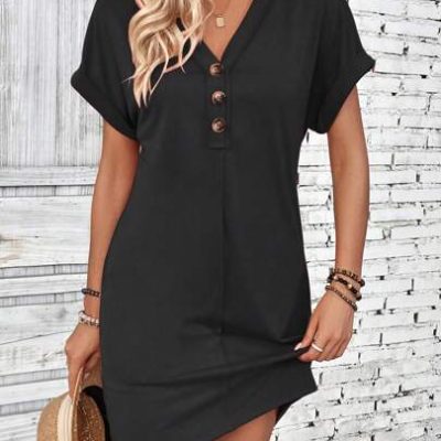 SHEIN LUNE Women’s Solid Color Half-Placket Buttoned Batwing Sleeve Midi Dress