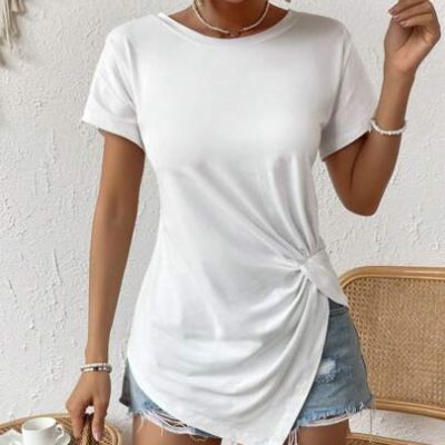 SHEIN LUNE Women’s Summer Comfortable Short-Sleeved T-Shirt With Round Neckline, Knotted Hem And Split Side