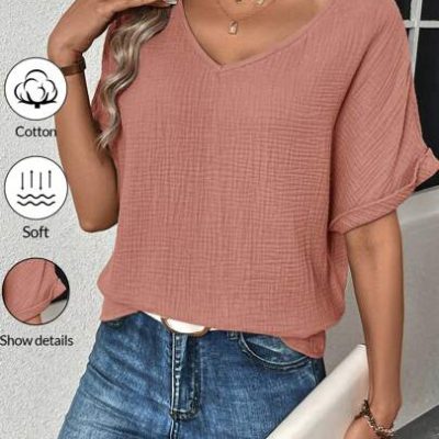 SHEIN LUNE Women’s Summer V-Neck Solid Color Batwing Short Sleeve Loose Casual Blouse