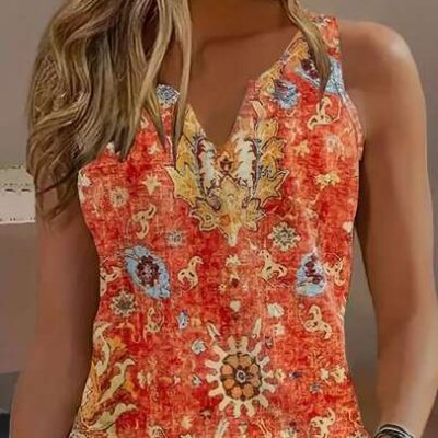 SHEIN LUNE Women’s Vacation Style Printed Sleeveless V-Neck Blouse