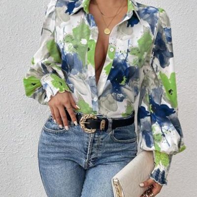 SHEIN Privé Floral Print Lantern Sleeve Shirt