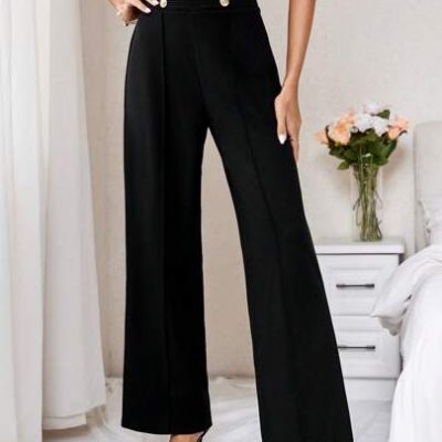 SHEIN Privé Women’s Elegant Commuting To Work Simple High Waist Button Details Casual Straight Black Wide Leg Pants