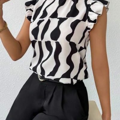 SHEIN Privé Women’s Elegant Geometric Printed Shirt With Short Puff Sleeves For Summer Work