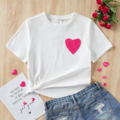 SHEIN Round Neck Love Applique Tee Shirt, Suitable For Summer, Teen Girls