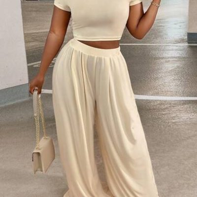 SHEIN Slayr Casual Solid Crop Round Neck Short Sleeve Tee & Loose Wide Leg Pants Women’s Two Piece Set