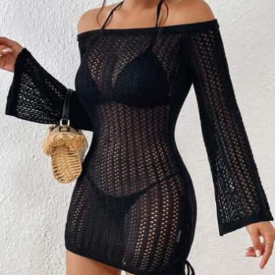 SHEIN Swim Summer Beach Hollow Out Drawstring Side Off Shoulder Cover Up Dress Without Bikini Set