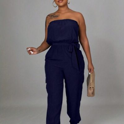 SHEIN SXY Women Simple Design Strapless Jumpsuit With Belt, Pockets, Suitable For Casual Wear In Spring And Summer