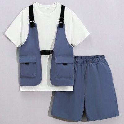 SHEIN Teen Boy Casual Cargo Pocketed Vest And Shorts 2pcs Outfit