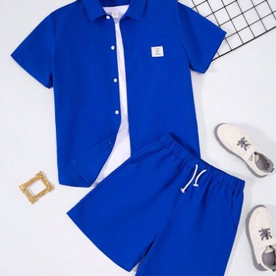 SHEIN Teen Boy Casual Loose Solid Color English Woven Label Short-Sleeved Shirt And Shorts Suit